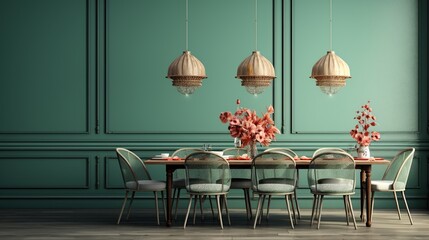 Vintage charm in a dining room with wooden table and mint color wall