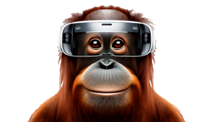 Orangutan with modern VR headset, highlighting technology’s impact on wildlife, suitable for tech companies, conservation campaigns, PNG, transparent background