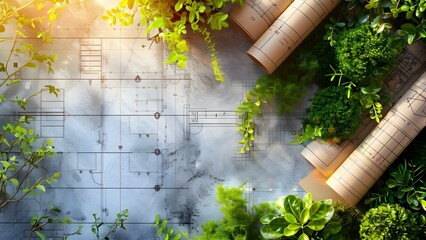Creating ecofriendly blueprints with innovative features for sustainable green building design. Concept Green Building Design, Ecofriendly Blueprints, Sustainable Features, Innovative Technology