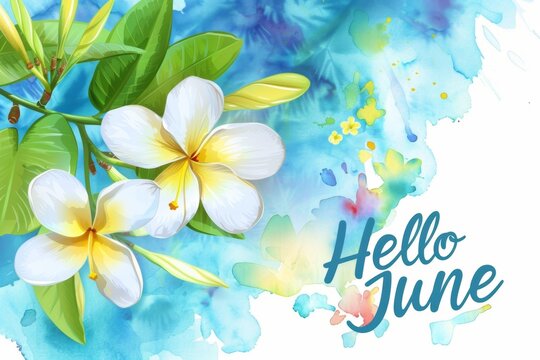 "Hello June" text with white frangipani flowers and colorful watercolor splash Generative AI