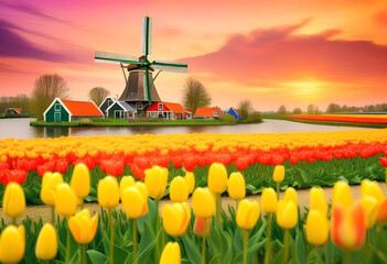 A traditional Dutch windmill with a vibrant tulip garden in the foreground