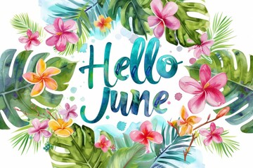 "Hello June" text with colorful watercolor splash and frangipani flowers on white background Generative AI