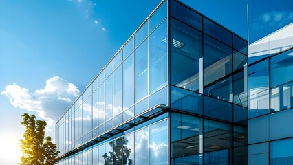 Obraz premium Sustainable design of an eco-friendly glass office building aimed at reducing carbon footprint. Concept Eco-Friendly Construction, Sustainable Materials, Carbon Footprint Reduction