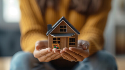 Person Holding a Miniature Wooden House Model