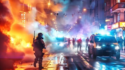Police Confronting Angry Crowds as Violent Protesters Damage Property in Street Riots. Concept Violent Protesters, Property Damage, Police Confrontation, Street Riots, Angry Crowds