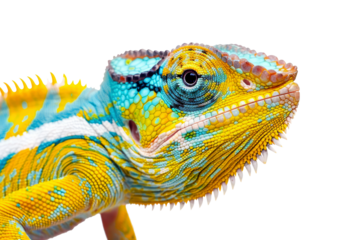 Yellow blue lizard Panther chameleon isolated on white or transparent background, PNG