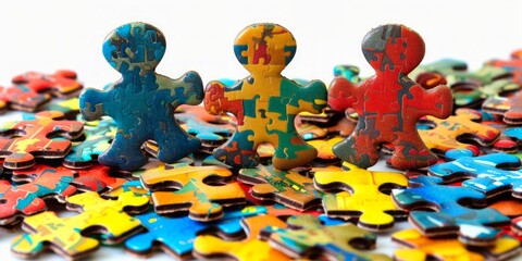 Three standing jigsaw puzzle pieces with a multicolored pattern, surrounded by scattered pieces on white surface.