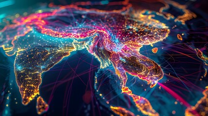 Close-up of global communication network, data transmission and cyber technology, information exchange. Wireless digital communication concept and the future of the Internet