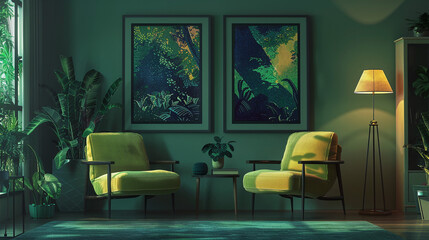 Two armchairs in a room with dark green walls and matching botanical art, with a potted plant between them and a lamp beside it.