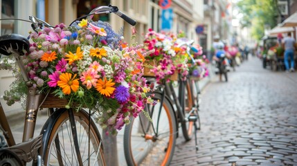 Fototapeta na wymiar Bicycles adorned with vibrant flowers weaving through picturesque cobblestone streets, embodying the spirit of sustainable transportation on World Bicycle Day. 