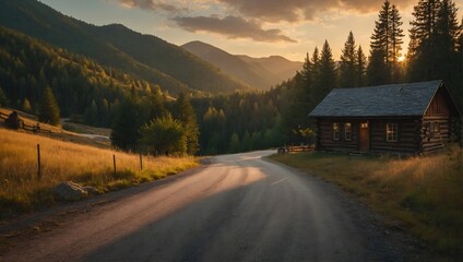 Empty road through the mountains at sunset