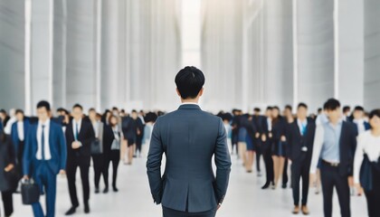 Fototapeta premium Back view of a businessman standing in front of a crowd of people