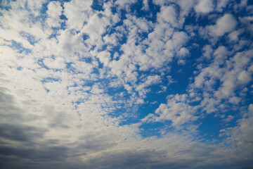 Panorama of white clouds in the blue sky, white clouds up to the horizon, white clouds covering the...