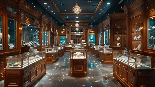 This Many glass cases in a room filled with an assortment of jewelry.