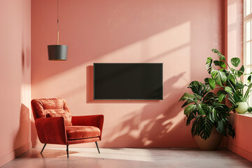 Minimalist peach living room interior with velvet armchair, houseplant, and blank TV screen mockup, 3d render