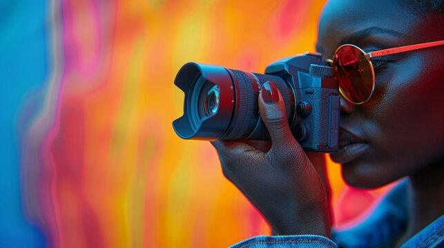 A photographer examines a camera lens, holding it up to the light to check the human eye anatomy within - Powered by Adobe
