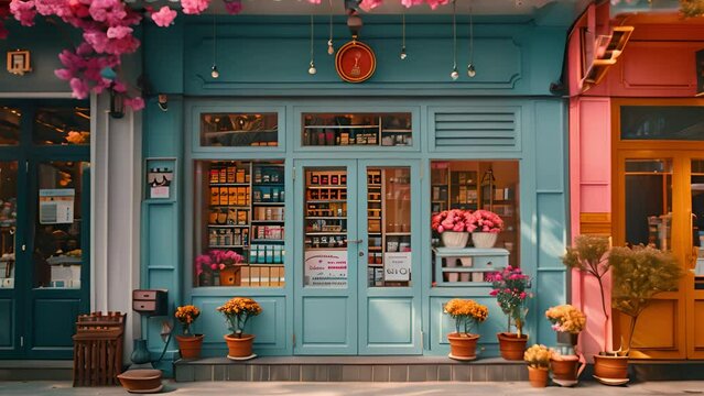 This storefront adorned with colorful flowers on the outside. Flower-Filled Storefront