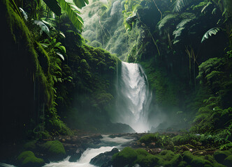 Forest waterfall, green forest, with lush greenery, generative ai