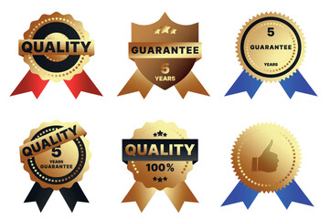 The picture shows a collection of glossy emblems and signs that symbolize the highest quality and premium products. Each sign has a golden hue and a solid gold tin finish, emphasizing their luxury.