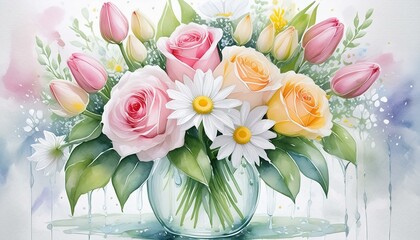 A watercolor painting of a bouquet of roses, tulips, and daisies in a glass vase, with soft and pastel colors, and drops of water to create a fresh and realistic style