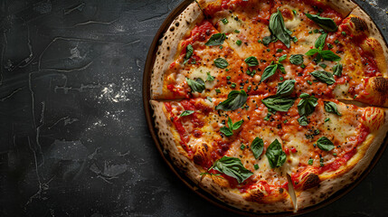 Pizza Marinara ajo y albahaca aislada. Ingredients for traditional Italian pizza Marguerite with tomato sauce, Mozzarella cheese, basil on a dark concrete background. Pizza recipe, Generative AI