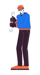 Caucasian man criminal with crowbar 2D linear cartoon character. Robber in mask. European male thief isolated line vector person white background. Illegal action color flat spot illustration