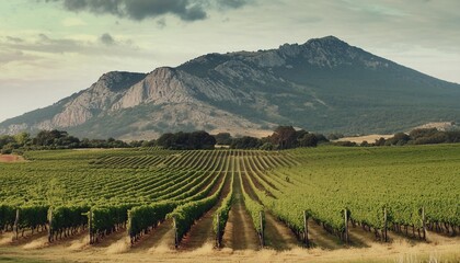 a vineyard in the middle of a field with a mountain in the background generative ai