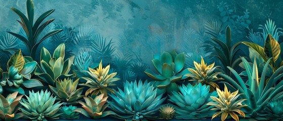 Sophisticated Indoor Garden: Aloe Vera and Agave Harmony in Stylized Wallpaper Design
