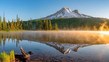 an amazing sunrise show over south sister peak reflected in the cool misty waters of oregon s sparks lake in the three sisters - obrazy, fototapety, plakaty