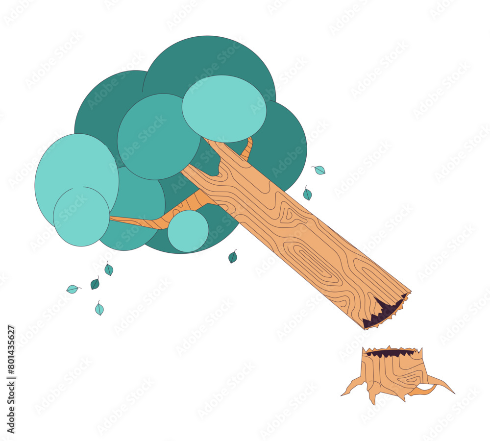 Poster broken tree and shrub 2d linear cartoon object. consequence of disaster. fallen plant trunk after st