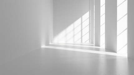 A white room with a window and a light shining through it. The room is empty and has a clean, minimalist look
