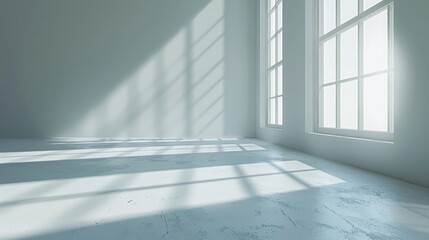 A room with a large window and a white wall. The room is empty and has a very clean and simple look