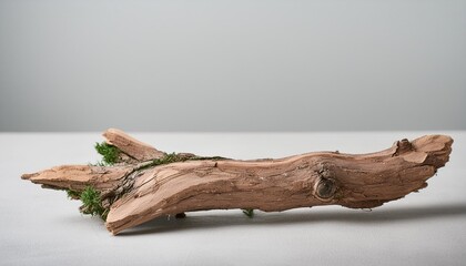 natural wooden branch on light grey background mockup rough textured piece of wood or twig for product advertising eco spa and beauty display minimal wabi sabi concept copy space front view