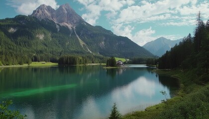Fototapeta na wymiar impressively beautiful fairy tale mountain lake in austrian alps
