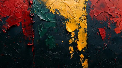 A painting with red, yellow and green colors. The painting is abstract and has a lot of texture