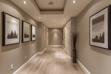 A clean, uncluttered hallway with recessed lighting, showcasing a series of framed photographs on the wall.