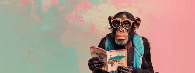 Chimpanzee with Glasses Reading a Map
