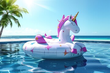 inflatable unicorn pool ring lilo dinghy, beach background