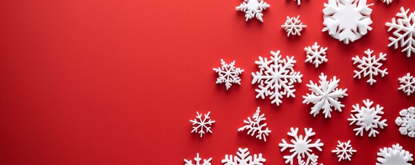 A red background with a large number of white snowflakes scattered across it. The snowflakes are arranged in a way that creates a sense of movement and energy. Scene is festive and joyful