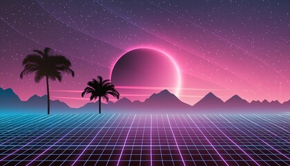 retro style 80s 90s galaxy background futuristic grid landscape digital cyber surface suitable for...