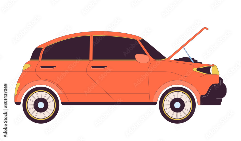 Poster car with open hood 2d linear cartoon object. auto engine diagnostic. vehicle service shop isolated l