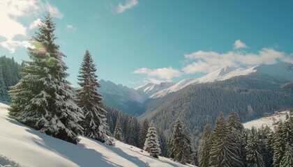 fantastic mountain winter landscape with green snow covered fir trees and turquoise sky