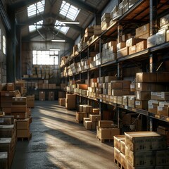 Obraz premium A warehouse with many boxes stacked on shelves. The boxes are labeled with numbers and letters. Scene is busy and organized