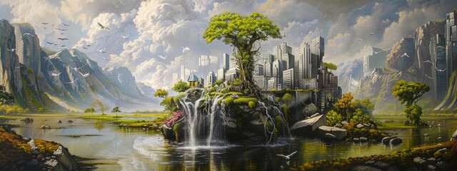 A hyper-realistic painting of a surreal landscape merging elements of nature with urban architecture.