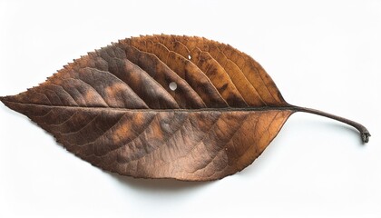 rustic autumn fallen leaf with grunge texture top view isolaten on white background macro