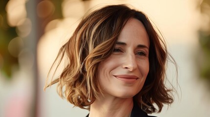 Obraz premium Caucasian female outdoors on sunny day looking at camera and smiling. woman in her 40's with a wavy bob haircut