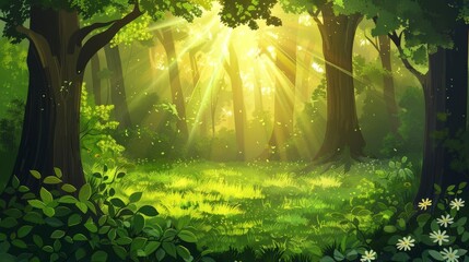 enchanted spring forest glade with lush green foliage and golden sun rays nature landscape vector illustration