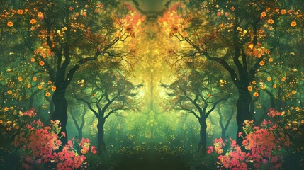 enchanting animated forest with lively trees and flowers kaleidoscopic tapestry of nature
