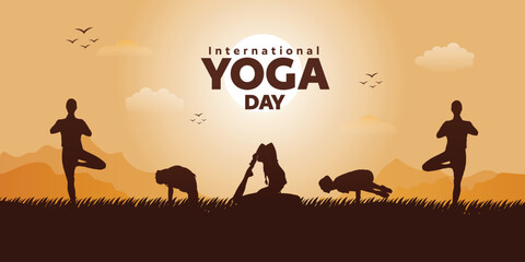 International Yoga Day wishes or greeting banner poster design with sunset, birds, grass, and mountain, view, background, design, social, media, 21st june wishing, poster, banner, vector, illustration