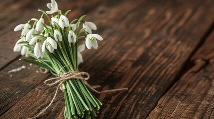 enchanting closeup of snowdrop bouquet tied with twine set against dark walnut wood